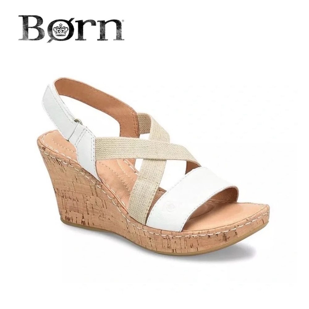 Born Hyuro White And Beige Cork Wedge Sandal Size 6.5 Like New Condition.